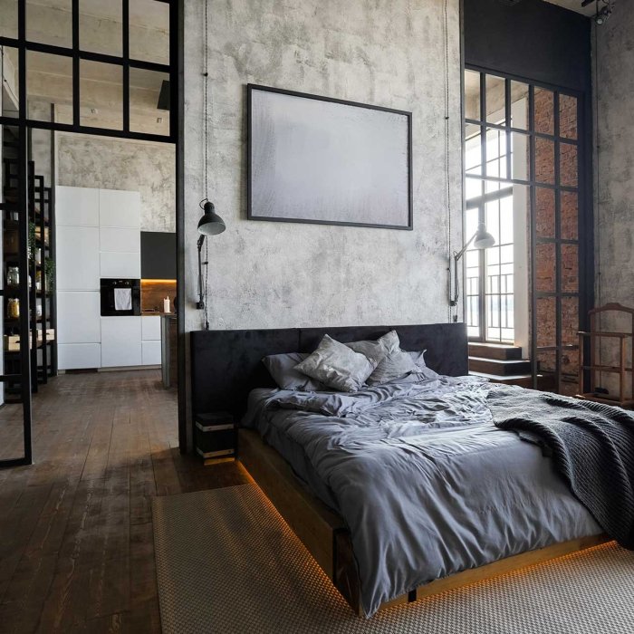 Bedroom industrial design style ideas modern window dark panes wood metal light Bedroom industrial design style ideas modern window dark panes wood metal light